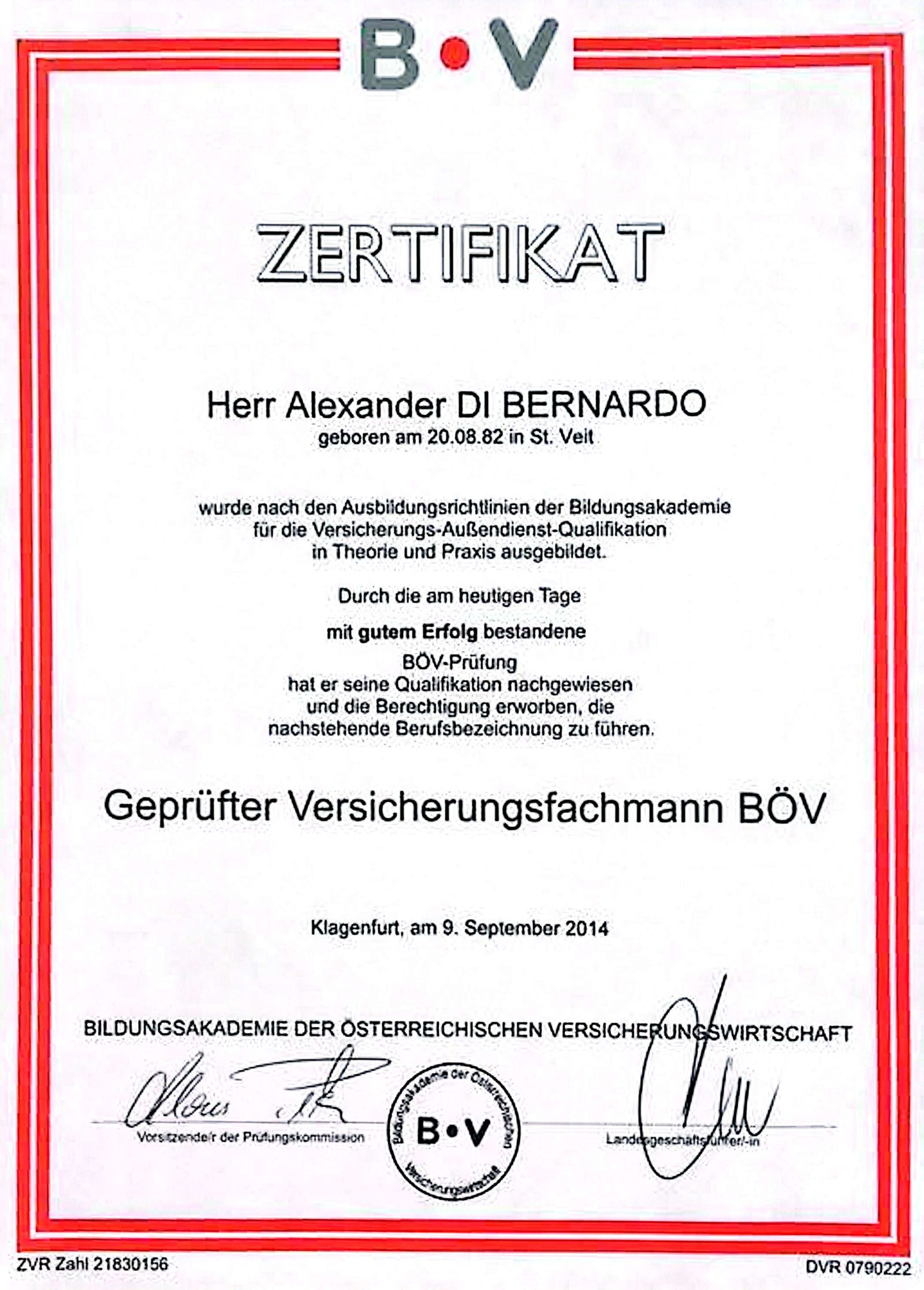 BÖV Zertifikat Geprüfter Versicherungsfachmann, 09.09.2014