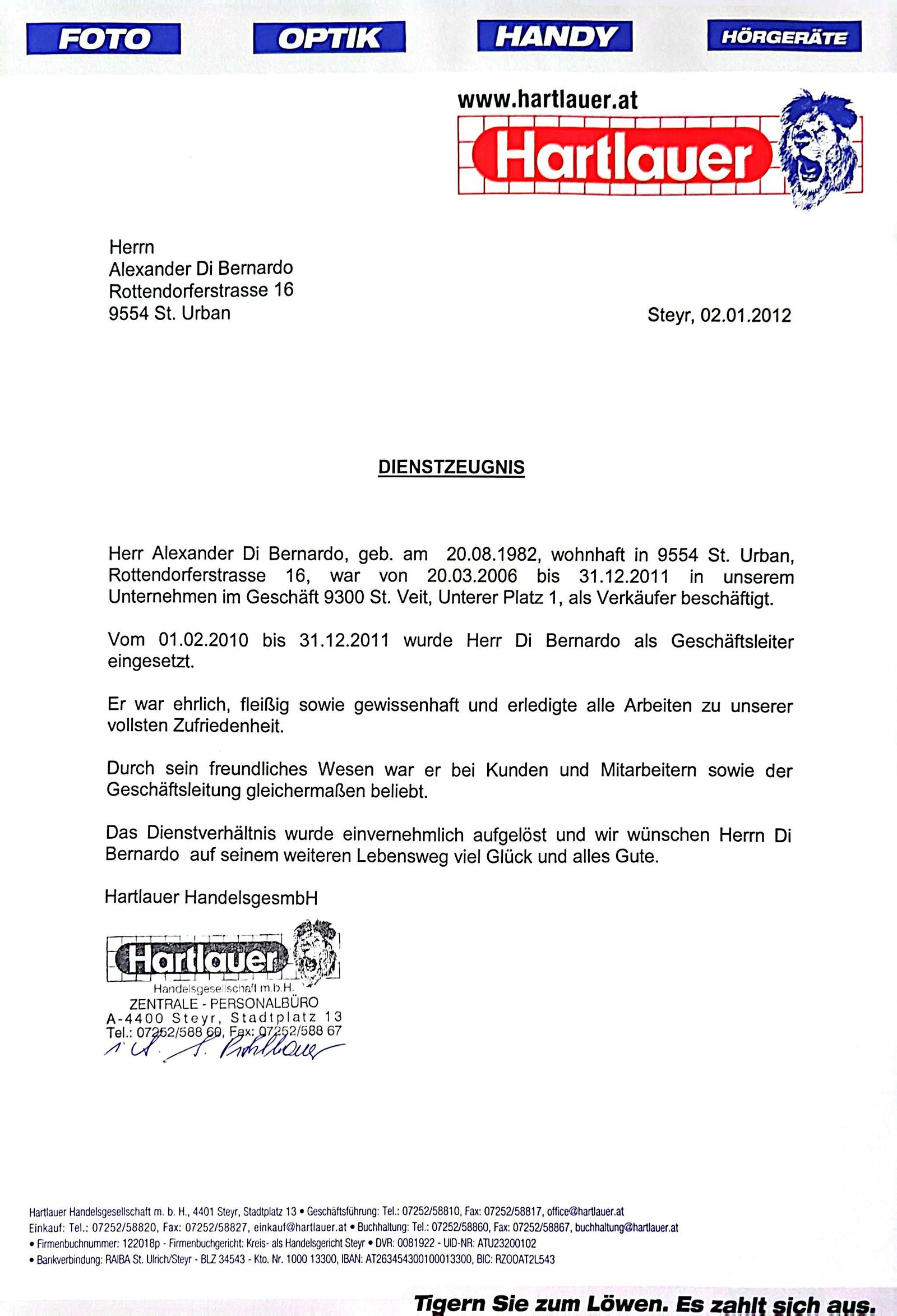 Hartlauer Dienstzeugnis vom 02.01.2012