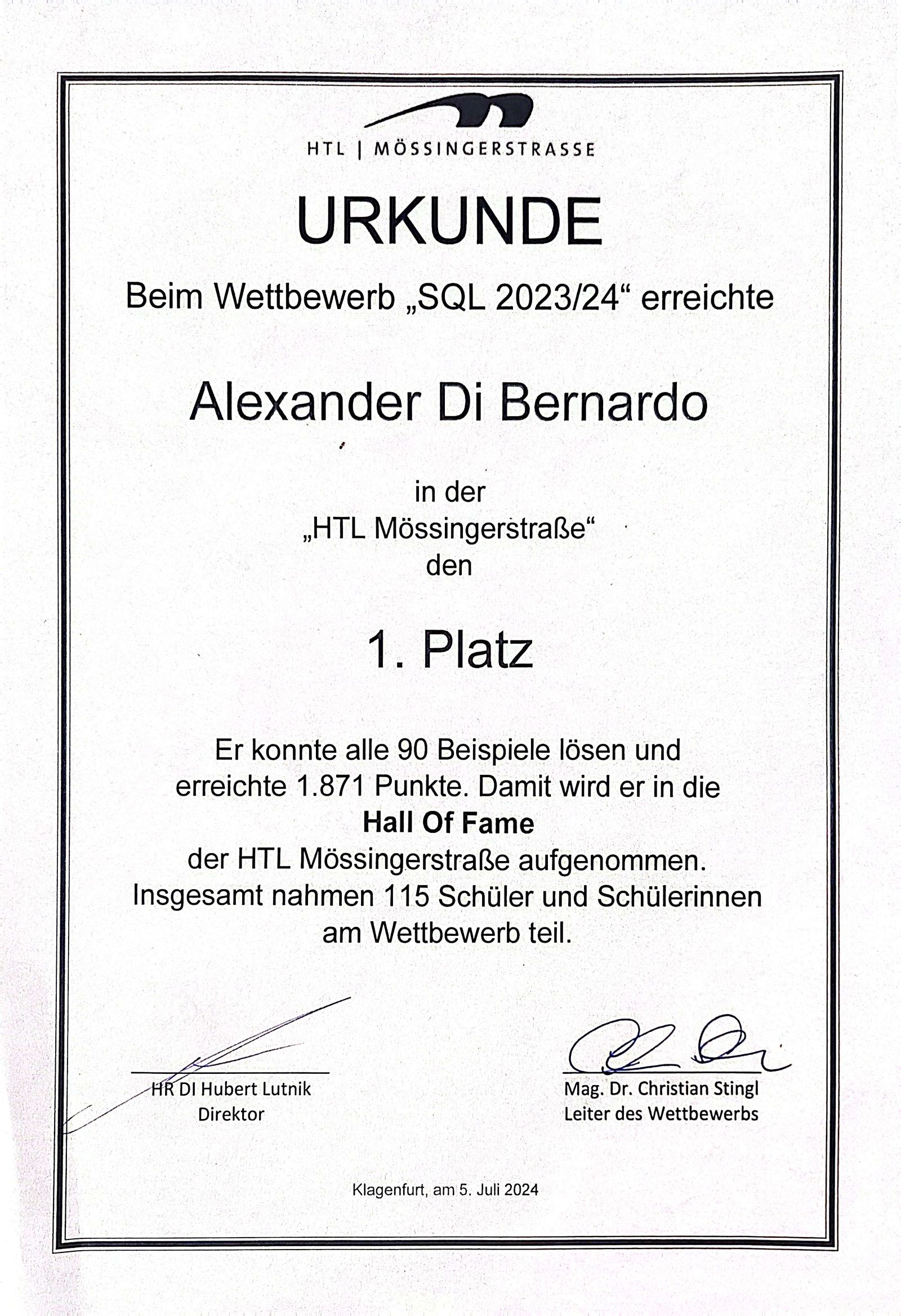 Hall of Fame Urkunde SQL Wettbewerb 2023/24