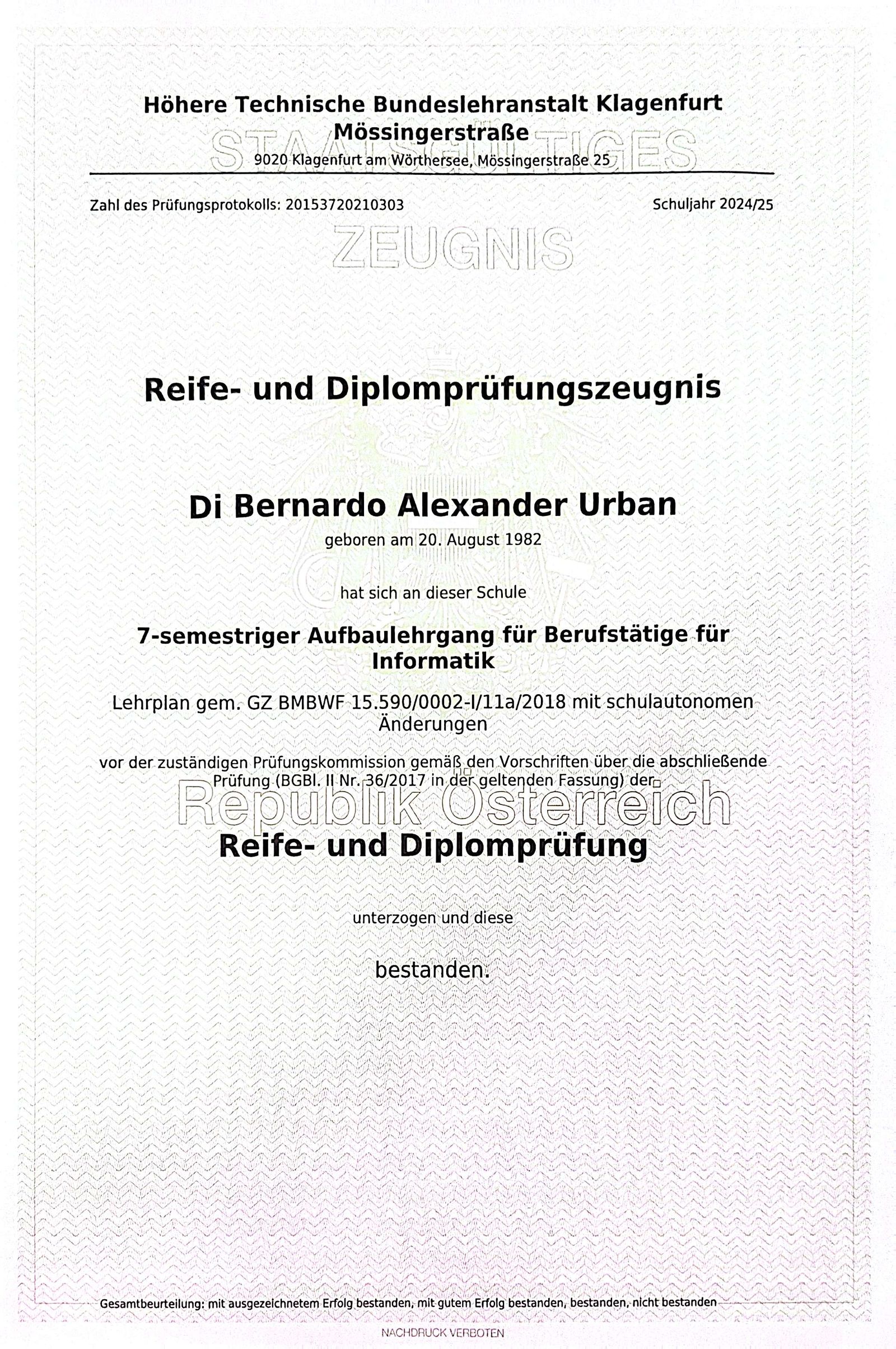 Reife- und Diplomprüfungszeugnis HTL Mössingerstraße – Seite 1