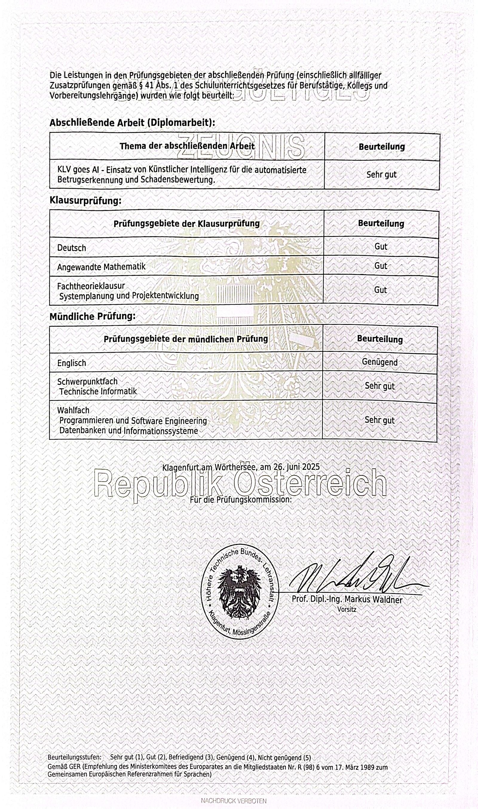 Reife- und Diplomprüfungszeugnis HTL Mössingerstraße – Seite 2