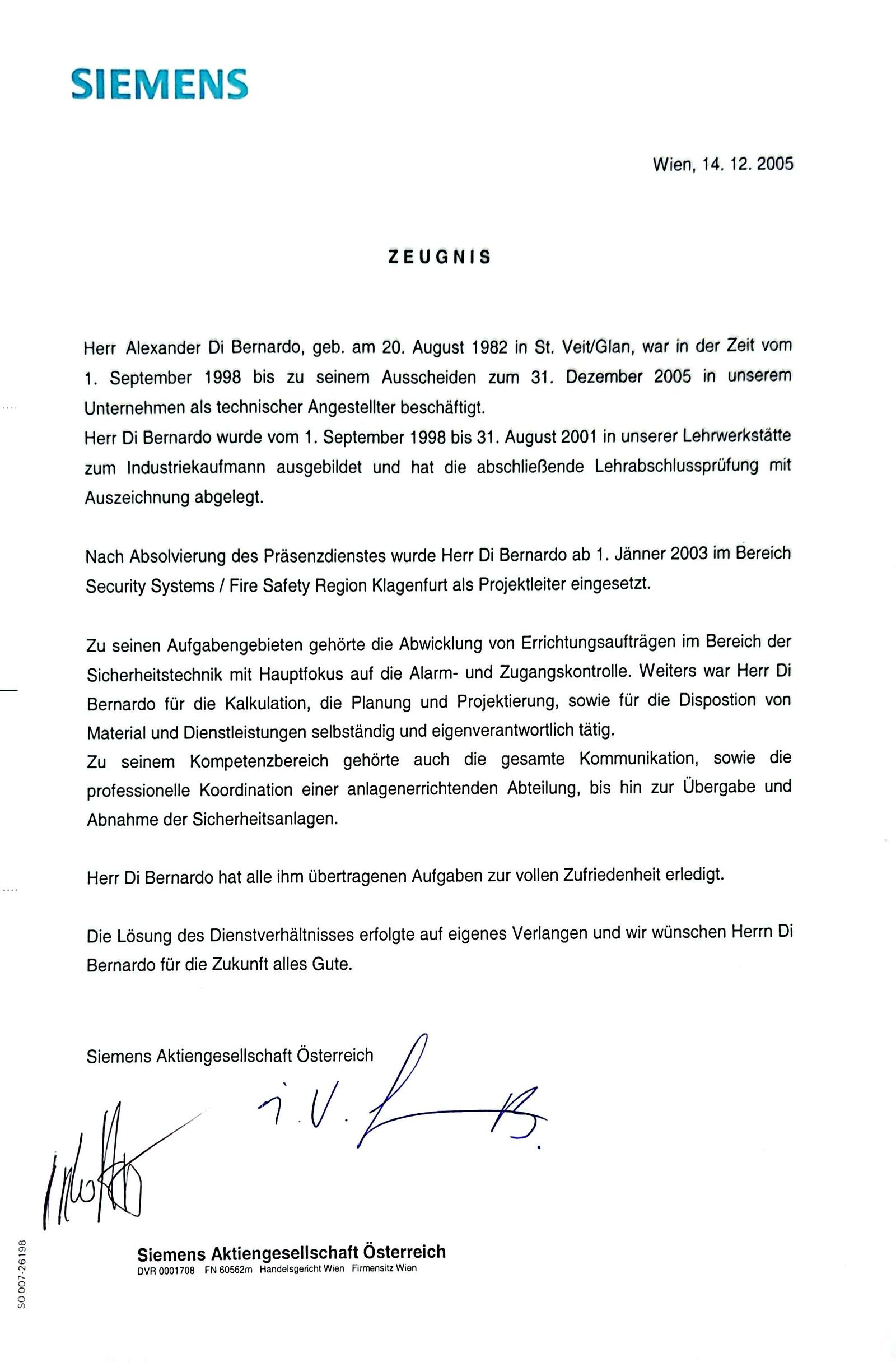 Siemens Dienstzeugnis vom 14.12.2005