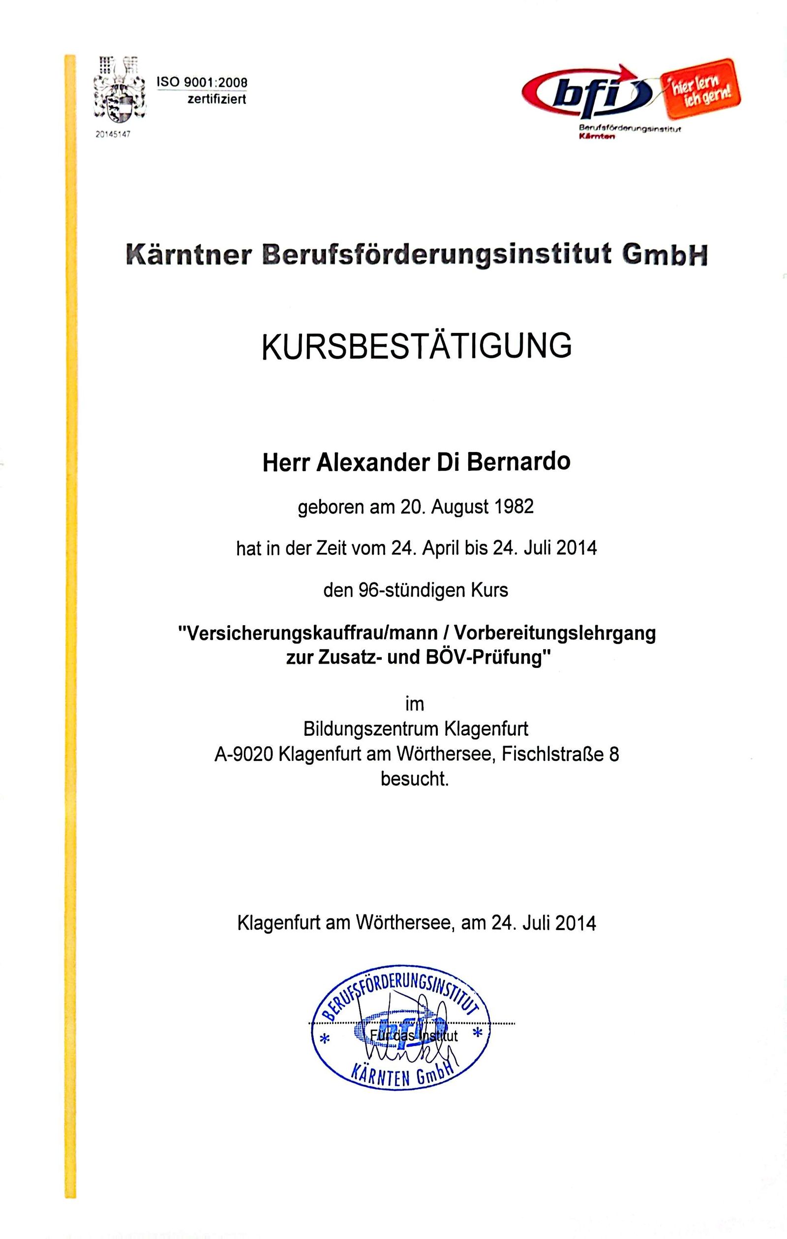 BFI Kärnten Kursbestätigung Versicherungs-kaufmann Zusatz- & BÖV-Prüfung