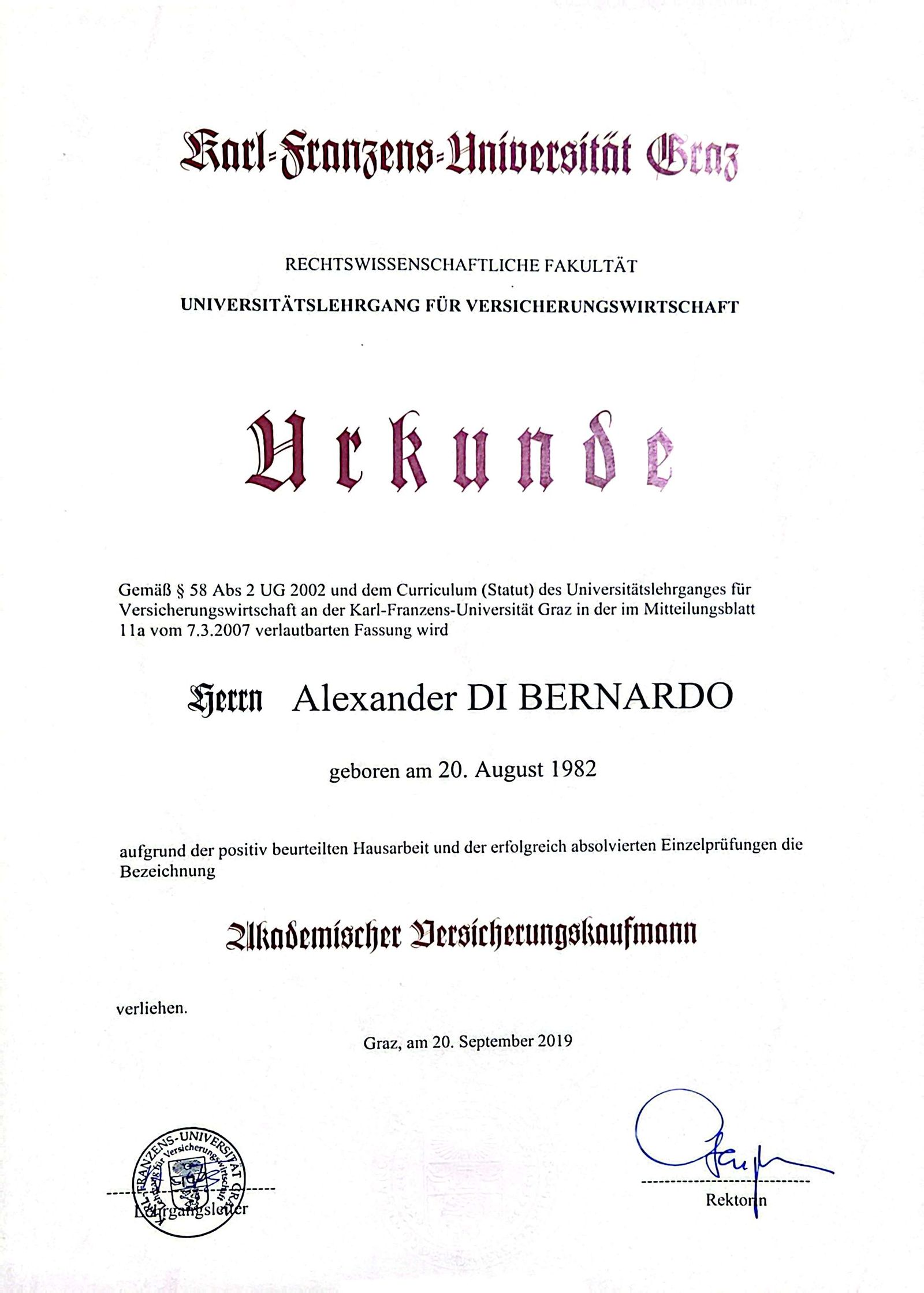 Urkunde Akad. Versicherungskaufmann, Universität Graz, 20.09.2019