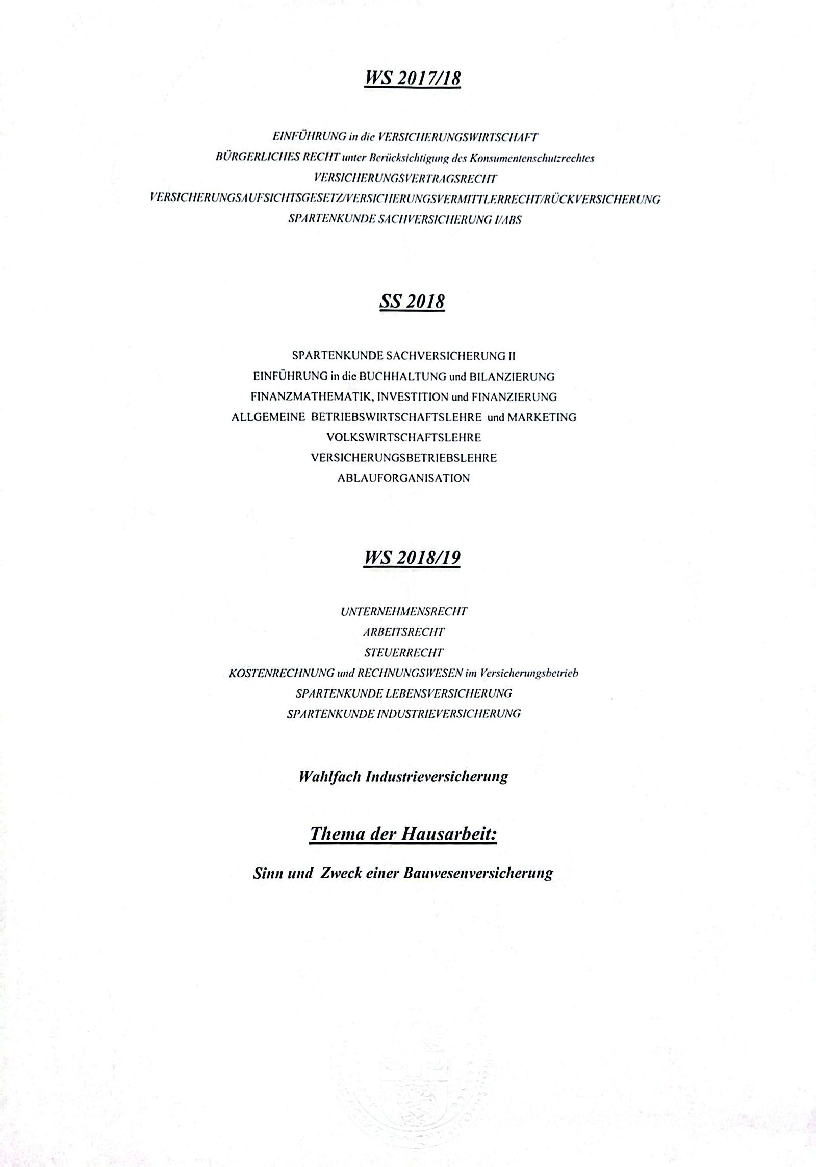 Modulübersicht Universitätslehrgang Versicherungswirtschaft (WS 2017/18 – WS 2018/19)